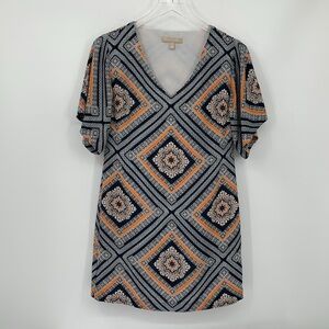 Banana Republic shift dress v-neck navy blue orange diamond lined 2 PETITE 2P